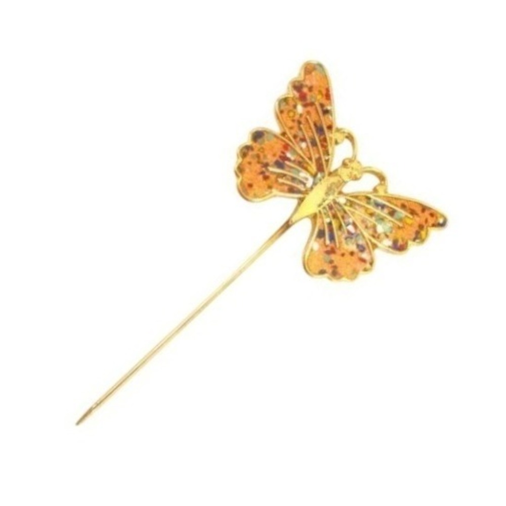 Vintage‎ Gold Tone Orange Glitter Butterfly Stick Pin Hat Scarf Lapel Accessory